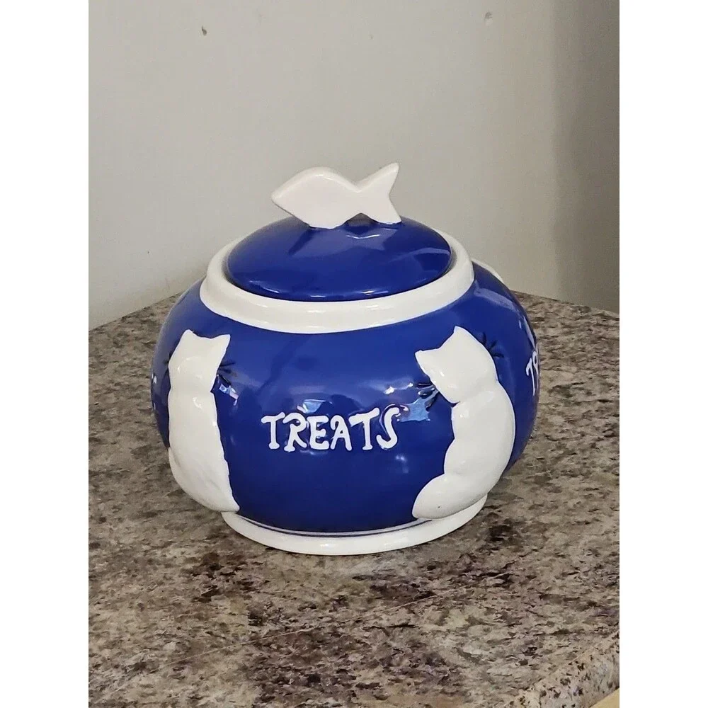 Vintage 1990's Blue & White Ceramic Cat Treats Cookie Jar 4.5